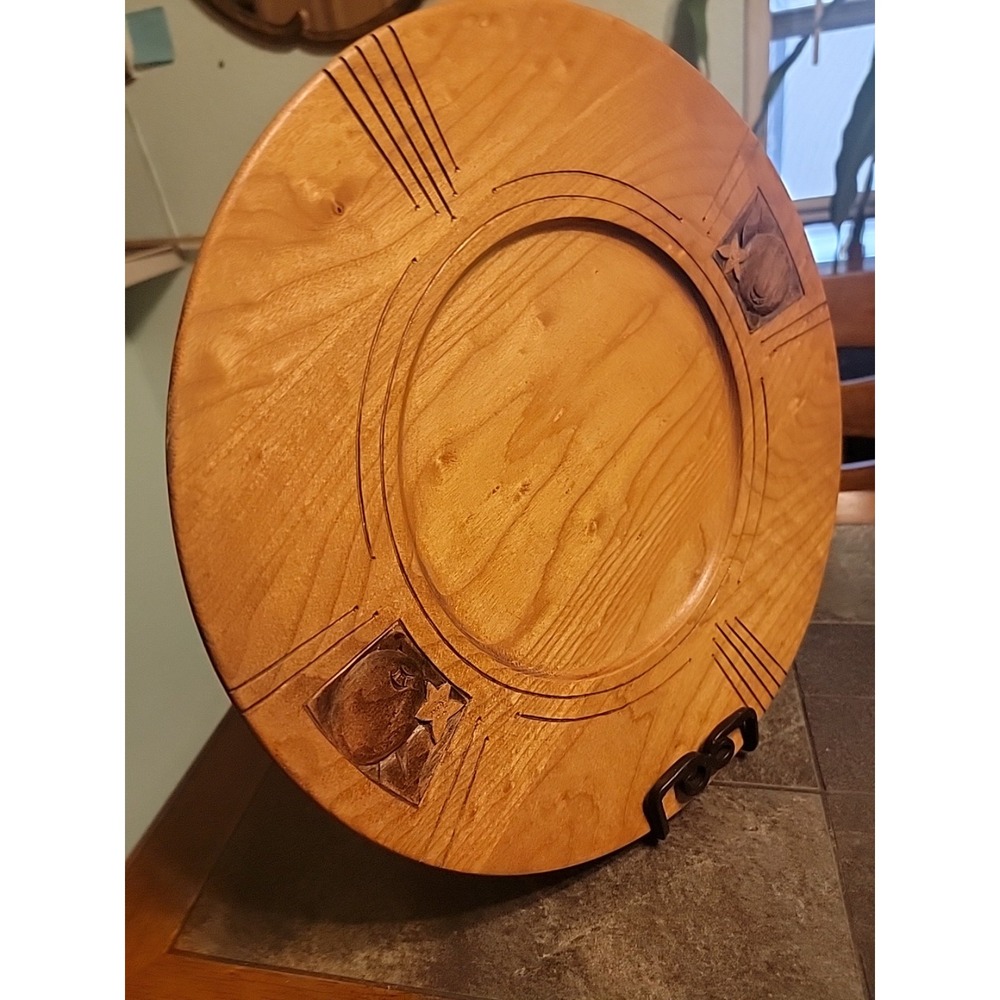 Vtg Hand Turned 14" Carved Birch Wood Platter Snack Plate Apple Carvings Signed